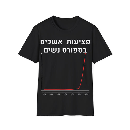 חולצה שחורה של חולצפה עם גרף אדום וכיתוב בעברית:פציעות אשכים בספורט נשים